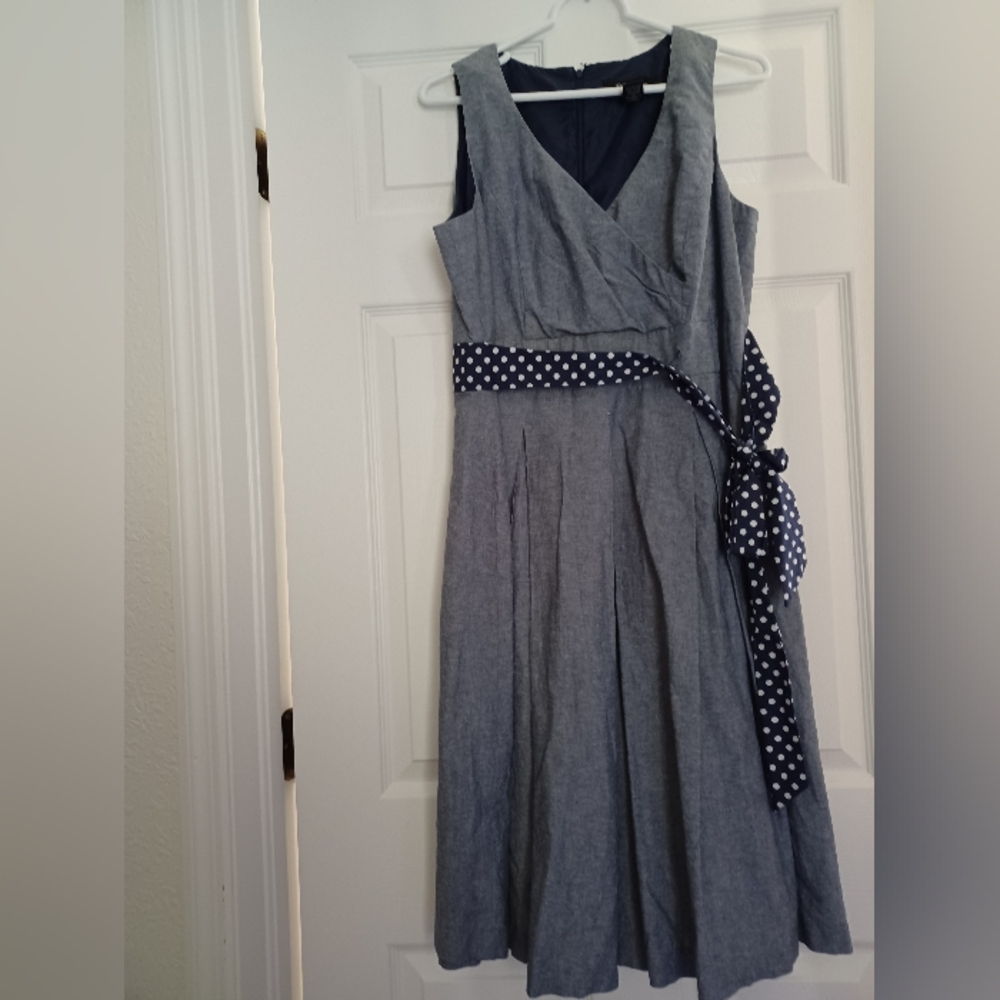 RB Collection Gray Sleeveless Size 14.  Dress Has Blue Polka Dot Sash & Pleated